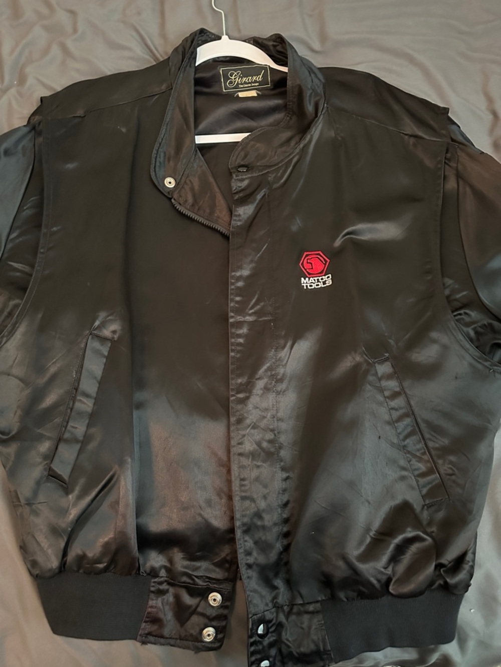 Alexander Girard Black Satin Bomber Jacket with Red Logo